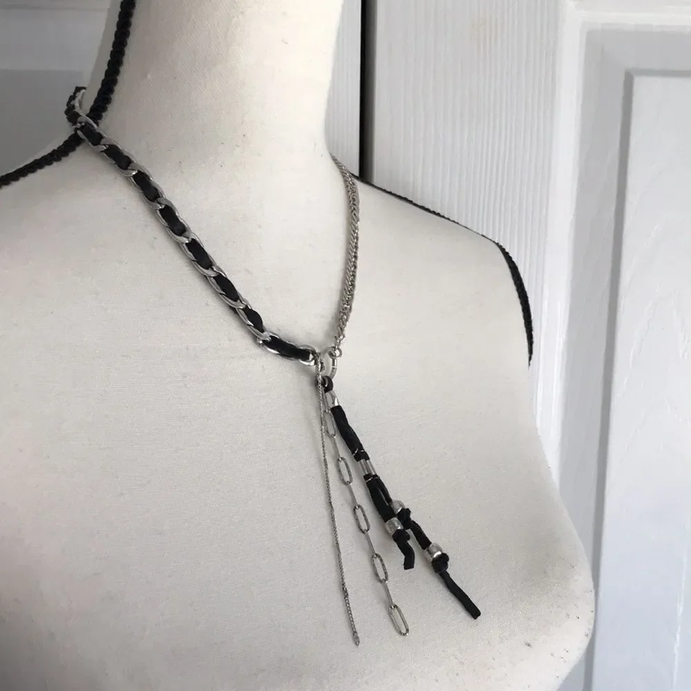 Free People Silver Tone and Black Leather Striped Necklace